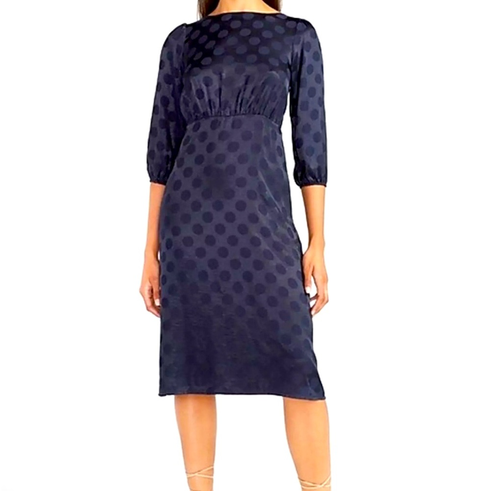 Express Navy Jaquard Polka Dot Puff 3/4 Sleeves Midi Dress Open Slit Back XS